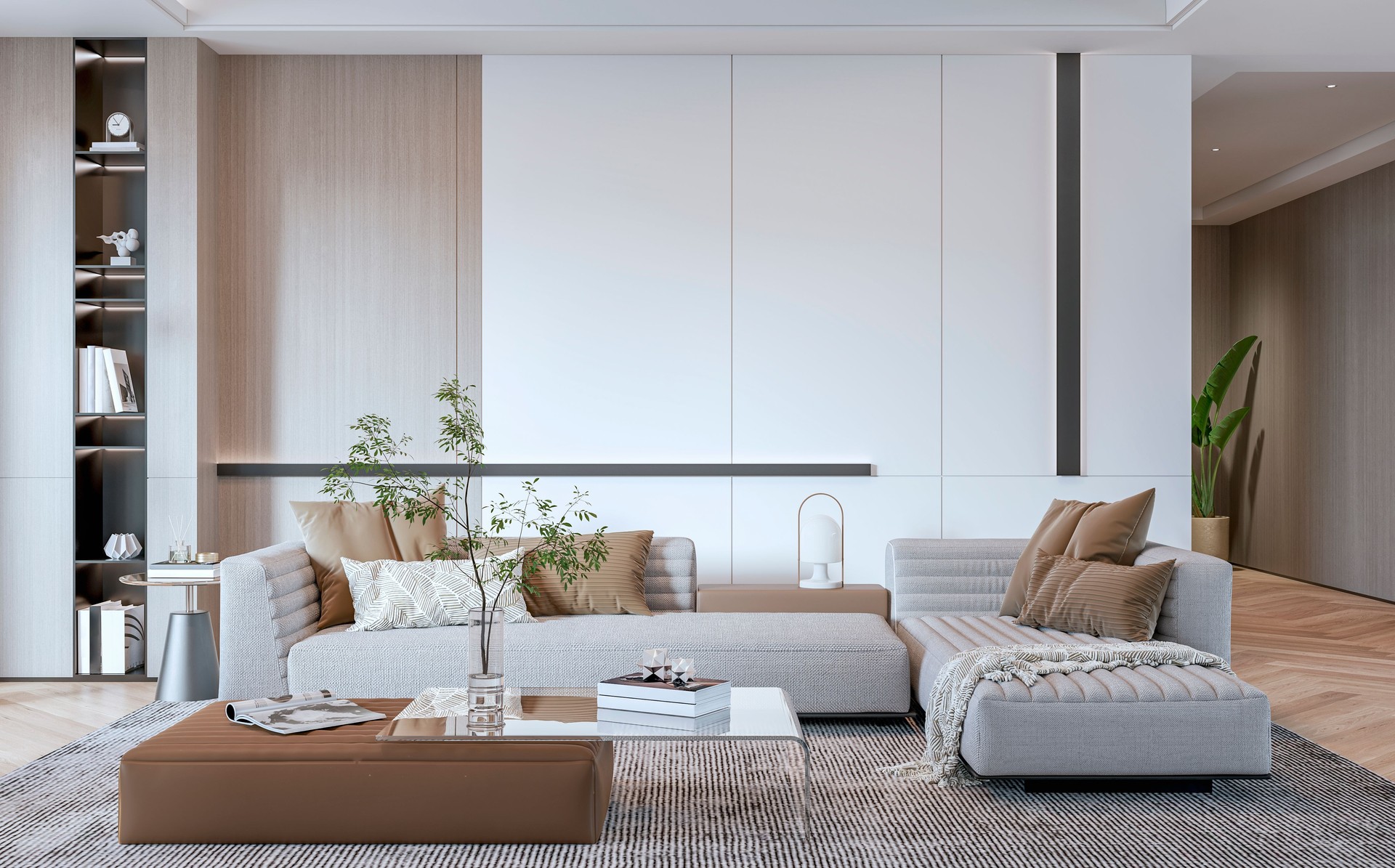 Front view of a modern living room interior with gray sofa, luxury furniture and peek of a hallway