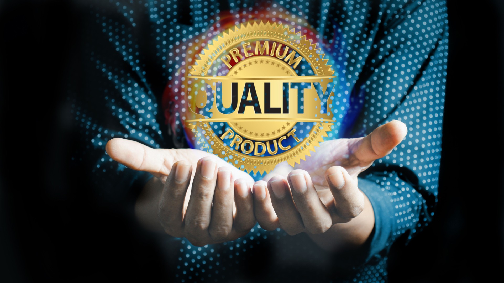 quality product symbol in the hand of a business man